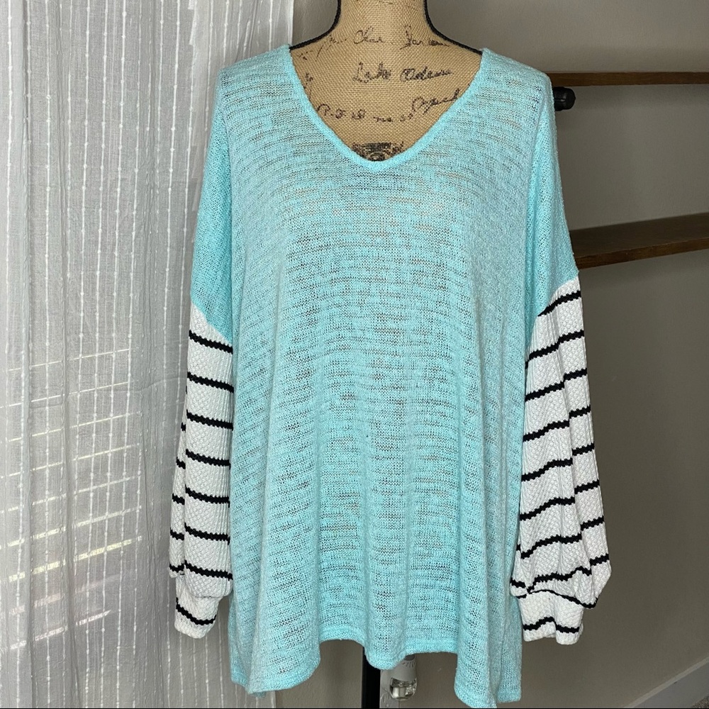 Pink Lily Pullover Striped Sleeve Top 1X BLUE